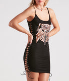 Major Legend Lace-Up Graphic Short Dress is a fire pick to create 2023 festival outfits, concert dresses, outfits for raves, or to complete your best party outfits or clubwear!