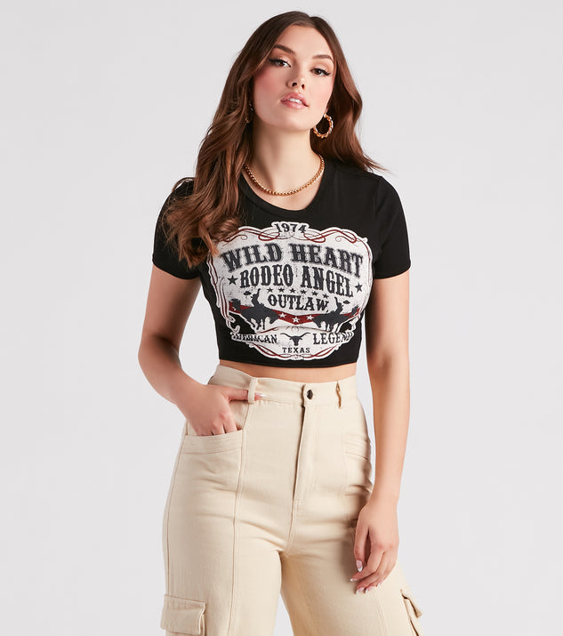 Rodeo Angel Cropped Graphic Tee is a trendy pick to create 2024 concert outfits, festival dresses, outfits for raves, or to complete your best party outfits or clubwear!