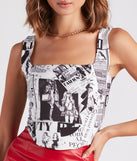 All Eyes On You Newspaper Print Corset Top is a trendy pick to create 2024 concert outfits, festival dresses, outfits for raves, or to complete your best party outfits or clubwear!