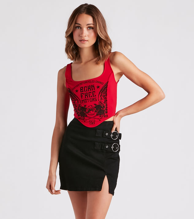 Born Free Motor Graphic Bustier is a fire pick to create 2023 festival outfits, concert dresses, outfits for raves, or to complete your best party outfits or clubwear!