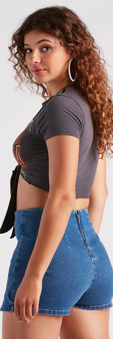 Edged Out Fringe Tie-Front Graphic Top is a fire pick to create 2023 festival outfits, concert dresses, outfits for raves, or to complete your best party outfits or clubwear!