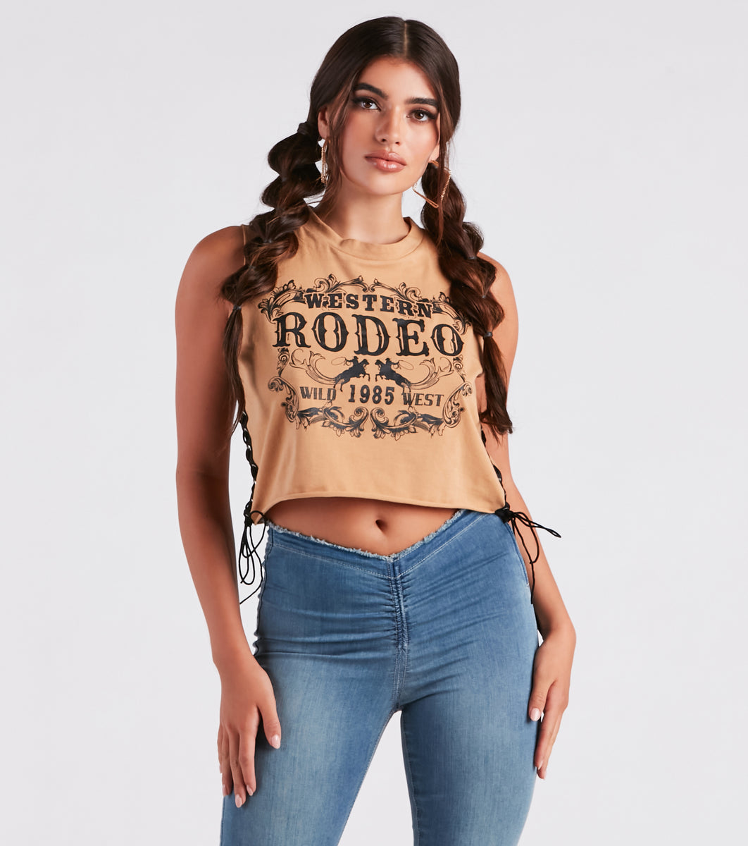 Hit The Rodeo Lace-Up Graphic Tank Top