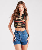Wild West Outlaw Safety Pin Graphic Tank Top is a trendy pick to create 2024 concert outfits, festival dresses, outfits for raves, or to complete your best party outfits or clubwear!