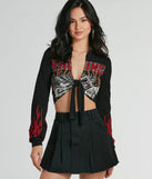 Whether fitted or flowy, the Flame Racer Tie Front Graphic Crop Top is a long-sleeve top that offers endless styling options as a layer or a standalone piece to elevate your outfit for the season.