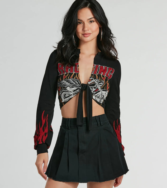 Whether fitted or flowy, the Flame Racer Tie Front Graphic Crop Top is a long-sleeve top that offers endless styling options as a layer or a standalone piece to elevate your outfit for the season.