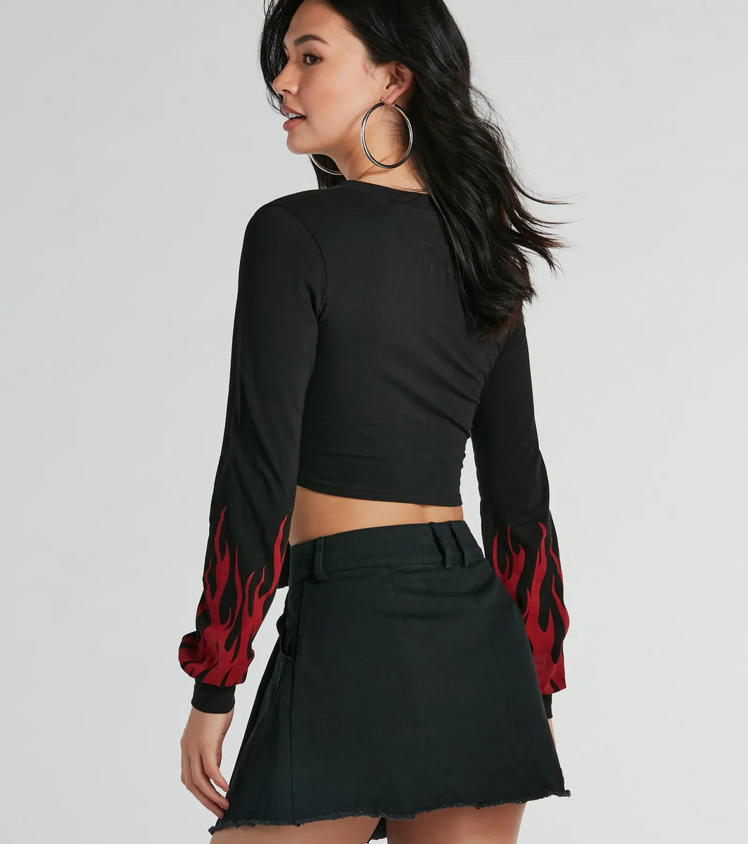Flame Racer Tie Front Graphic Crop Top & Windsor