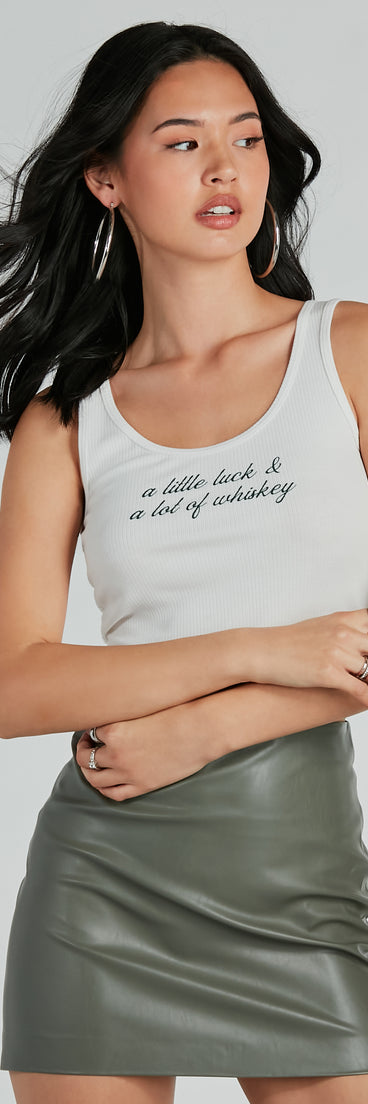 With fun and flirty details, the Luck And Whiskey Graphic Tank Crop Top shows off your unique style for a trendy outfit for summer!