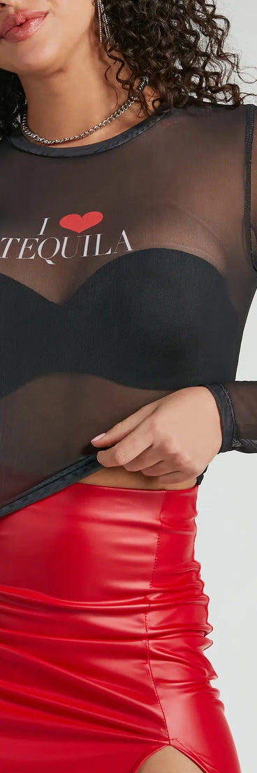 Whether fitted or flowy, the I Love Tequila Long Sleeve Graphic Mesh Crop Top is a long-sleeve top that offers endless styling options as a layer or a standalone piece to elevate your outfit for the season.