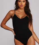 Full Body of All Up On Black Knit Spaghetti Strap Bodysuit