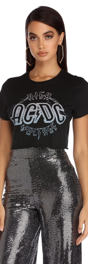 High Voltage AC/DC Cropped Tee is a trendy pick to create 2023 festival outfits, festival dresses, outfits for concerts or raves, and complete your best party outfits!