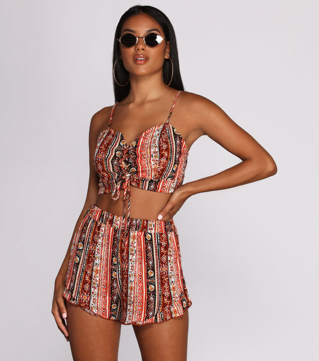 With fun and flirty details, Bohemian Groove Lace-Up Top shows off your unique style for a trendy outfit for the summer season!