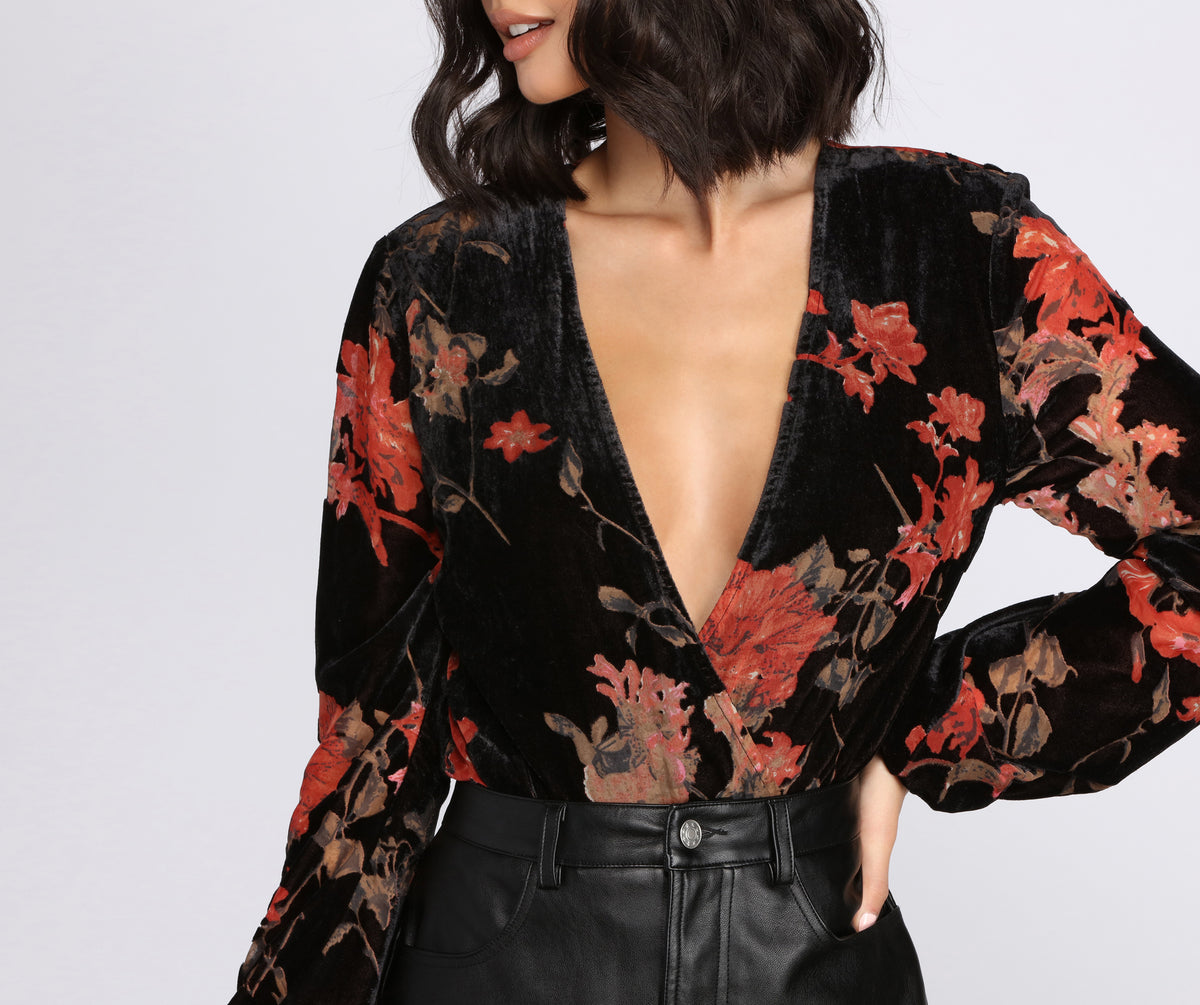 Laura Bodysuit - Longsleeve Velvet Burn Out Bodysuit in Black Floral