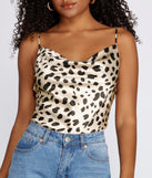Leopard Print Cowl Neck Satin Top for 2022 festival outfits, festival dress, outfits for raves, concert outfits, and/or club outfits