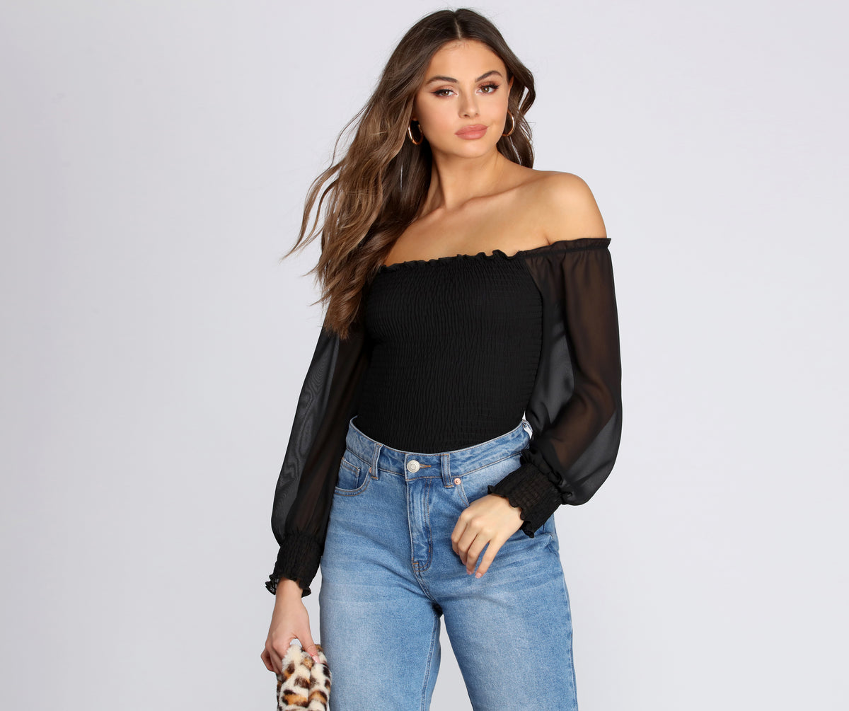 Chiffon Smocked Off The Shoulder Top