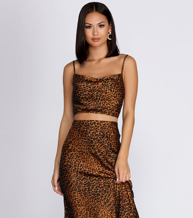 You’ll look stunning in the Leopard Cowl Neck Crop Top when paired with its matching separate to create a glam clothing set perfect for a New Year’s Eve Party Outfit or Holiday Outfit for any event!