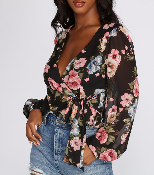 With fun and flirty details, Floral Chiffon Wrap Front Blouse shows off your unique style for a trendy outfit for the summer season!