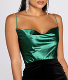 Satin Cowl Neck Bodysuit for 2022 festival outfits, festival dress, outfits for raves, concert outfits, and/or club outfits