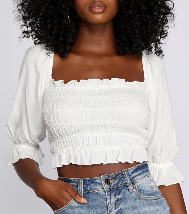 With fun and flirty details, Just Friends Smocked Crop Top shows off your unique style for a trendy outfit for the summer season!