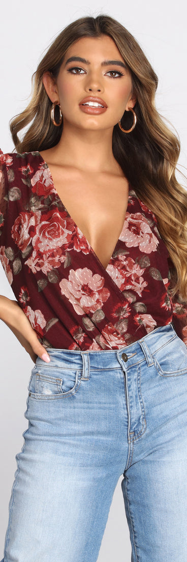 Floral Mesh Surplice Bodysuit for 2022 festival outfits, festival dress, outfits for raves, concert outfits, and/or club outfits