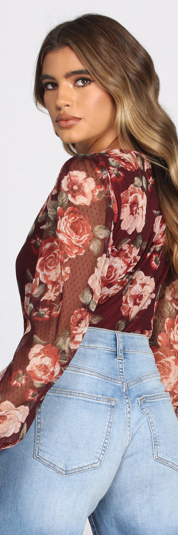 Floral Mesh Surplice Bodysuit for 2022 festival outfits, festival dress, outfits for raves, concert outfits, and/or club outfits