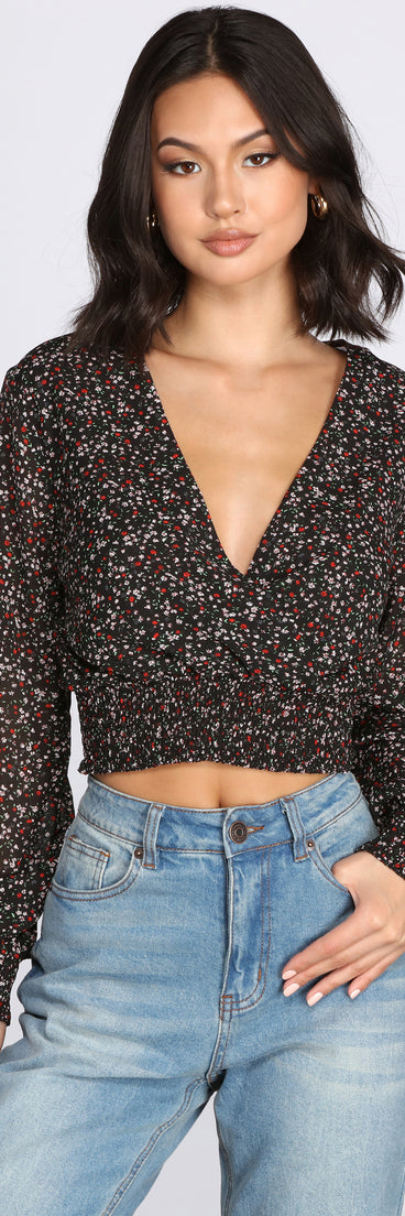 With fun and flirty details, Bloom Babe Ditsy Surplice Top shows off your unique style for a trendy outfit for the summer season!