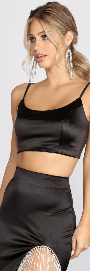 Dress up in Play No Games Satin Cropped Top as your going-out dress for holiday parties, an outfit for NYE, party dress for a girls’ night out, or a going-out outfit for any seasonal event!