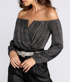 Dress up in Off The Shoulder Glitter Knit Bodysuit as your going-out dress for holiday parties, an outfit for NYE, party dress for a girls’ night out, or a going-out outfit for any seasonal event!