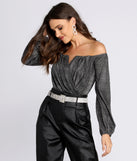 With fun and flirty details, Off The Shoulder Glitter Knit Bodysuit shows off your unique style for a trendy outfit for the summer season!
