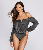 With fun and flirty details, Off The Shoulder Glitter Knit Bodysuit shows off your unique style for a trendy outfit for the summer season!