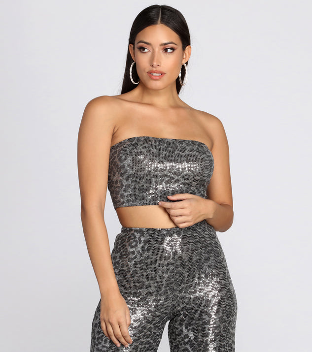 You’ll look stunning in the Leopard Sequin Tube Top when paired with its matching separate to create a glam clothing set perfect for parties, date nights, concert outfits, back-to-school attire, or for any summer event!