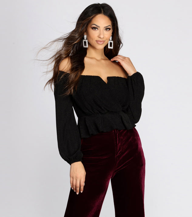 Glitzy Wrap Front Peplum Blouse