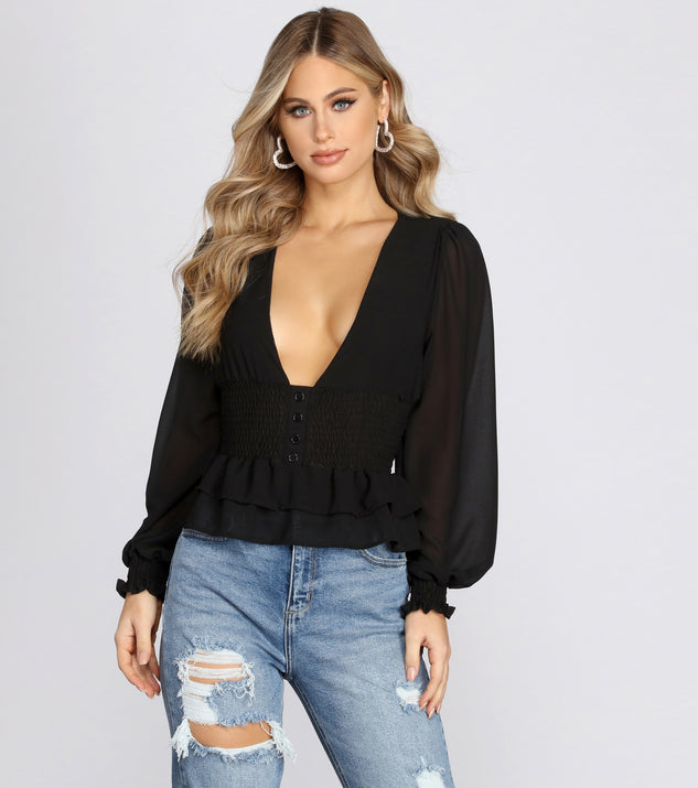 Dress up in Chiffon Smocked Button Down Blouse as your going-out dress for holiday parties, an outfit for NYE, party dress for a girls’ night out, or a going-out outfit for any seasonal event!