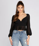With fun and flirty details, Wrap Front Peplum Chiffon Blouse shows off your unique style for a trendy outfit for the summer season!