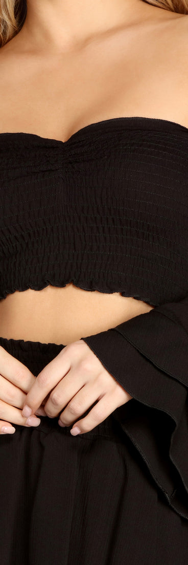 Boho Beauty Smocked Off Shoulder Crop Top is a trendy pick to create 2023 festival outfits, festival dresses, outfits for concerts or raves, and complete your best party outfits!