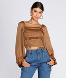Satin Drawstring Smocked Blouse