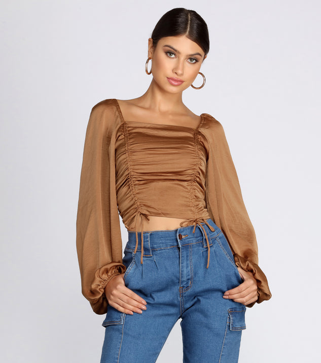 Satin Drawstring Smocked Blouse