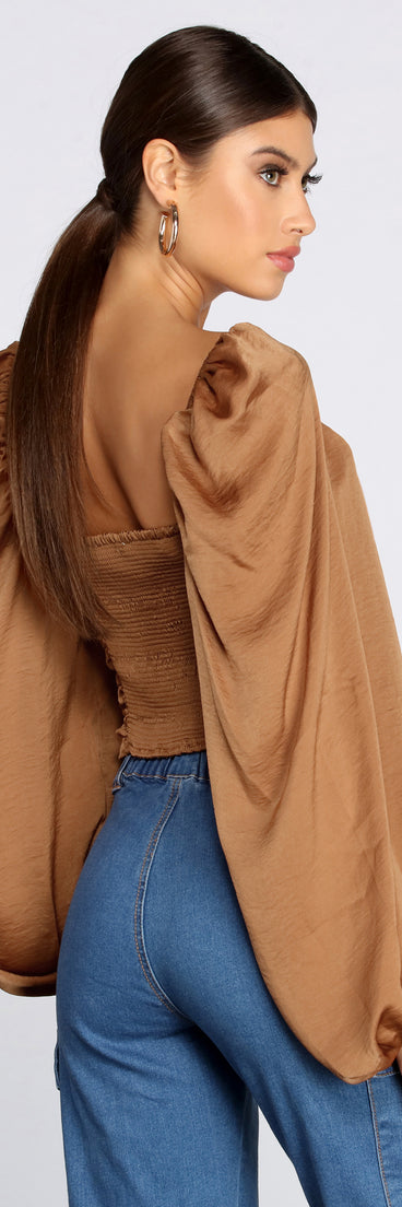 Satin Drawstring Smocked Blouse