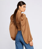 Satin Drawstring Smocked Blouse