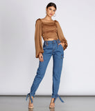Satin Drawstring Smocked Blouse