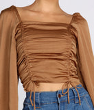 Satin Drawstring Smocked Blouse