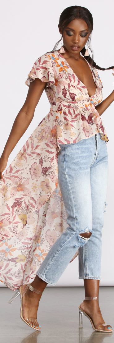 With fun and flirty details, Floral Fusion Chiffon High Low Top shows off your unique style for a trendy outfit for the summer season!