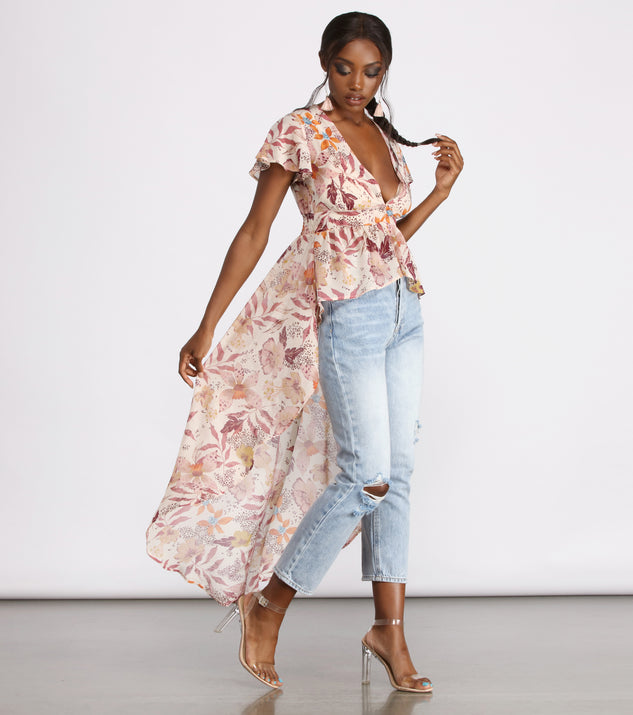 With fun and flirty details, Floral Fusion Chiffon High Low Top shows off your unique style for a trendy outfit for the summer season!