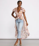 With fun and flirty details, Floral Fusion Chiffon High Low Top shows off your unique style for a trendy outfit for the summer season!