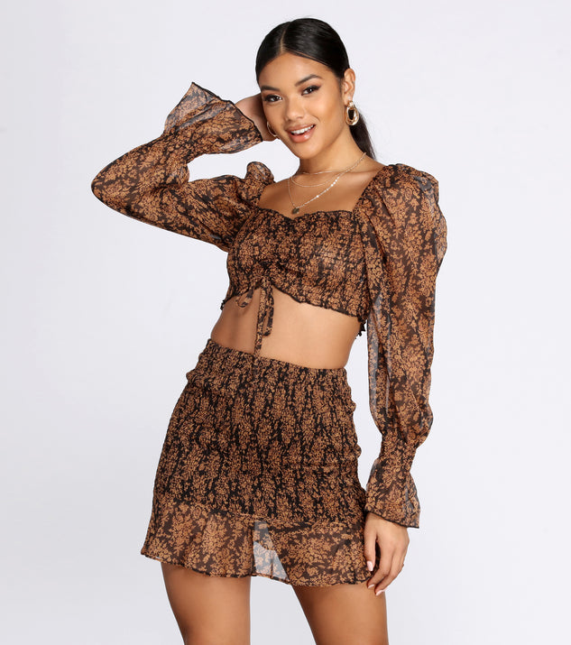 You’ll look stunning in the Autumn Affair Crop Top when paired with its matching separate to create a glam clothing set perfect for a New Year’s Eve Party Outfit or Holiday Outfit for any event!