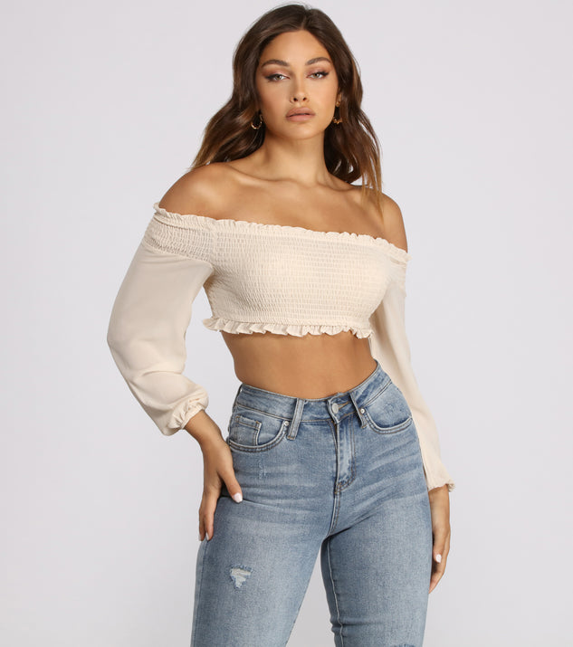 Frilled and Flirty Off The Shoulder Smocked Crop Top is a trendy pick to create 2023 festival outfits, festival dresses, outfits for concerts or raves, and complete your best party outfits!