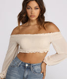 Frilled and Flirty Off The Shoulder Smocked Crop Top is a trendy pick to create 2023 festival outfits, festival dresses, outfits for concerts or raves, and complete your best party outfits!