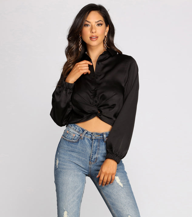 Dress up in Satin Twist Front Collared Crop Top as your going-out dress for holiday parties, an outfit for NYE, party dress for a girls’ night out, or a going-out outfit for any seasonal event!