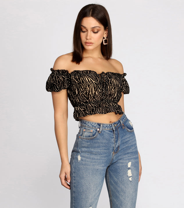 Zebra Off-Shoulder Puff Sleeve Crop Top is a trendy pick to create 2023 festival outfits, festival dresses, outfits for concerts or raves, and complete your best party outfits!