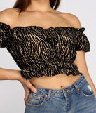 Zebra Off-Shoulder Puff Sleeve Crop Top is a trendy pick to create 2023 festival outfits, festival dresses, outfits for concerts or raves, and complete your best party outfits!