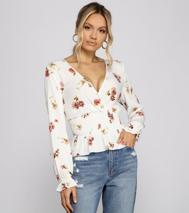 With fun and flirty details, Smocked Long Sleeve Floral Surplice Gauze Top shows off your unique style for a trendy outfit for the summer season!